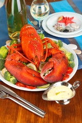 Red lobster on platter on serving table close-up