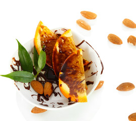 Fruit in chocolate isolated on white