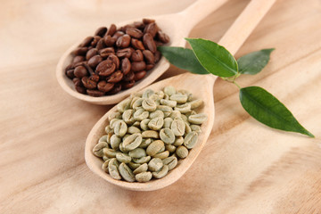 Green  and brown coffee beans in spoons and leaves