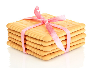 Sweet cookies tied with pink ribbon isolated on white
