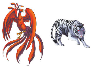 4 Chinese mythical creature gods set 1 - Tiger and Phoenix
