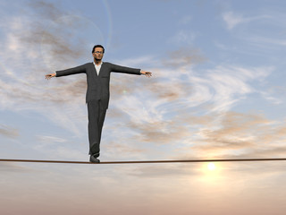 A businessman in crisis walking in balance