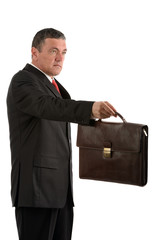 Older businessman with briefcase isolated on white background