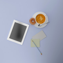 Office supplies, gadgets and coffee cup