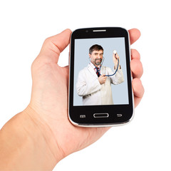 Hand holding smart phone, doctor calling.