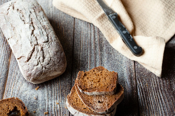Rye bread on a wooden table