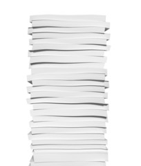 Close up of stack of papers on white background