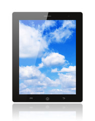 Tablet pc with blue sky on white background .