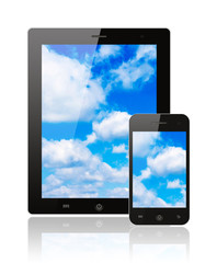 Tablet pc and smart phone with blue sky on white background .