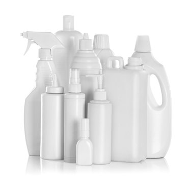 detergent bottles and chemical cleaning supplies