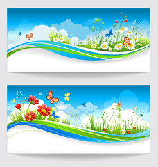 Two summer banners with flowers and butterflies