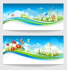 Poster Twee zomerbanners met bloemen en vlinders © paprika