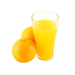 Glass of orange juice and two fruit side on white background.