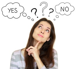 Young woman think with yes or no choice looking up isolated on w