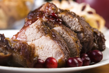 Delicious Scrambled Grilled meat with cranberry sauce