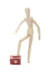 Wooden dummy  with gift box,  isolated on a white background