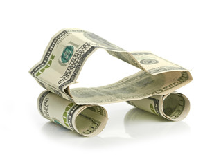 car made from dollar isolated on white background