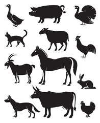 monochrome illustration of twelve farm animals