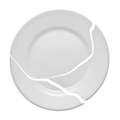 Broken plate on a white background. Metaphor of a family quarrel