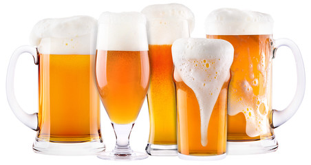 Frosty fresh beer collection with foam isolated