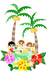 ハイビスカスとプルメリアが咲くハワイアンパンケーキのカフェ。親子で楽しいひとときを過ごしましょう。