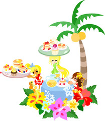 Café de crêpes hawaïennes avec hibiscus et plumeria. Il y a aussi des cupcakes et des jus de fruits.