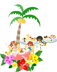 Poster Hawaiiaans pannenkoekencafé met hibiscus en plumeria. Laten we verschillende pannenkoeken eten. © Atelier B/W