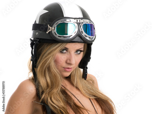 Beautiful Babe Blonde Topless Woman In Motorcycle Crash Helmet Stock