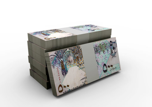 3D stacked Qatar money piles of money 