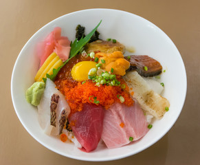 Premium fresh raw-seafood on rice (Kaisen Don). .