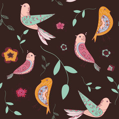 Pattern colored birds on a brown background