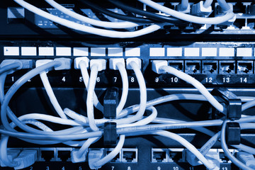 Network panel, switch and cable. Blue tone
