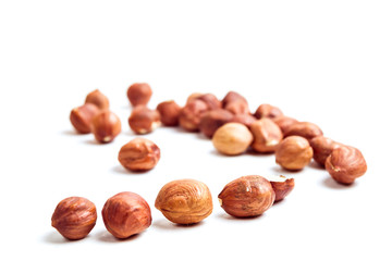 Scattered group of hazelnuts