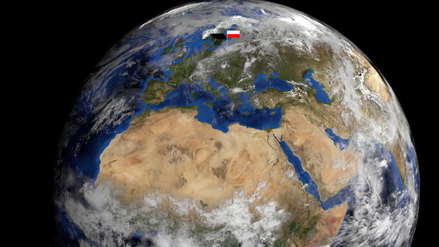 Poland flag on pole on earth globe animation