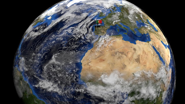 Portugal flag on pole on earth globe animation