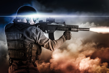assault soldier with rifle on apocalyptic clouds, firing