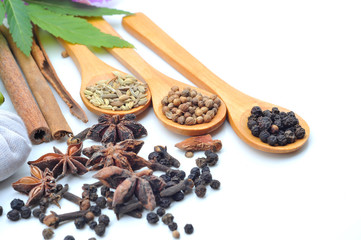 Variety of Spices and herbs on wooden spoon