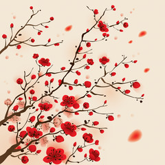 Plakaty  Malarstwo w stylu orientalnym, kwiat śliwy na wiosnę