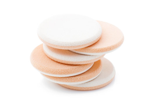 Close up view of cosmetic sponges on white back