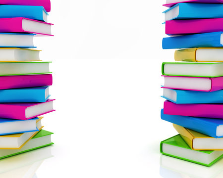 Stack of colorful real books on white background