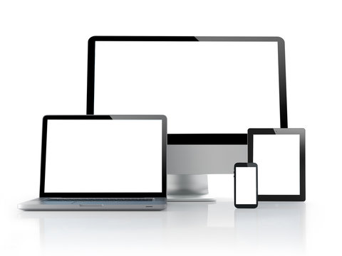 computer, laptop, tablet and smartphone on white