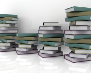Retro 3d illustration of books piles and wall