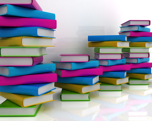 Retro 3d illustration of colorful real books piles and wall