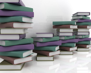 Retro 3d illustration of books piles and wall