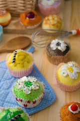 cup cakes with a lot of bread pastry background