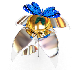 Blue butterflys on a chrome flower with a gold head on a white