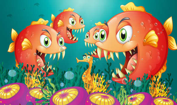 A seahorse surrounded by a group of hungry piranhas
