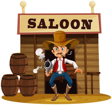 A man holding a gun outside the saloon bar