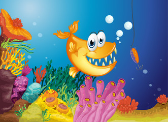 Naklejka na ściany i meble An orange fish and a small fish caught in a bait