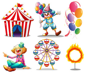 A circus tent, clowns, ferris wheel, balloons and a ring of fire